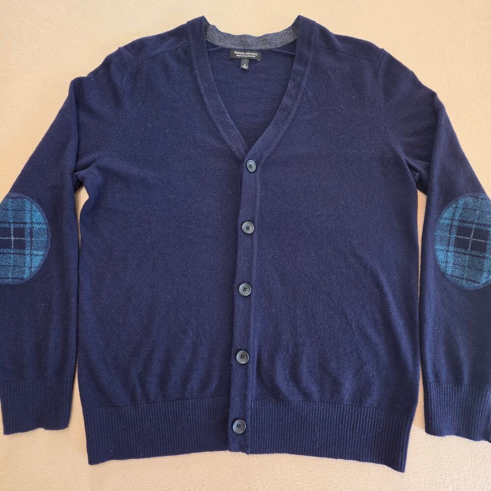 Banana Republic Italian Wool Blend Plaid Elbow Patch Grandpa Cardigan Navy Sz L